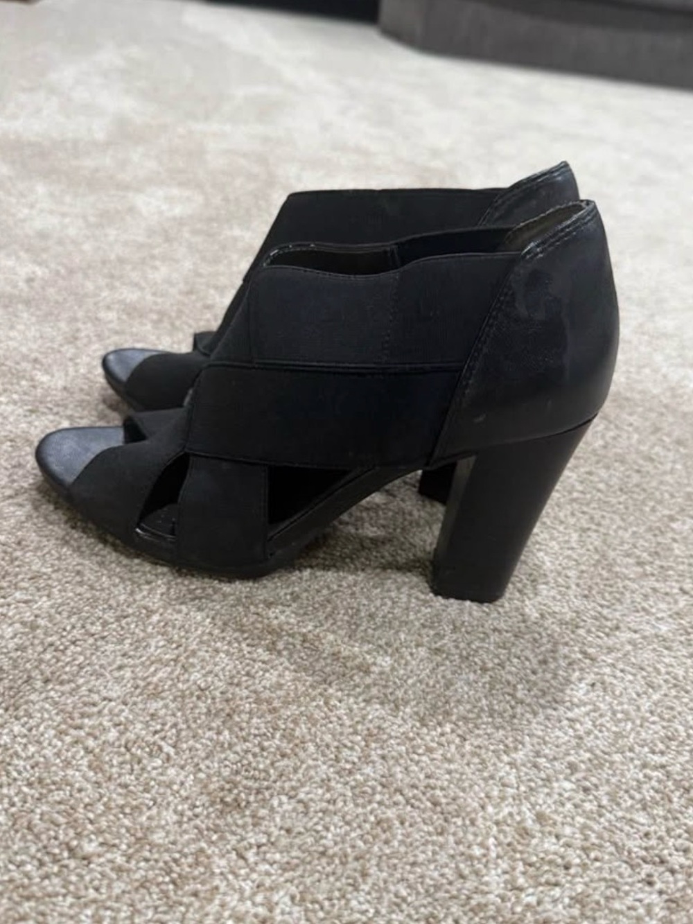 Life Stride Black Peep-Toe Crisscross Block Heel Booties